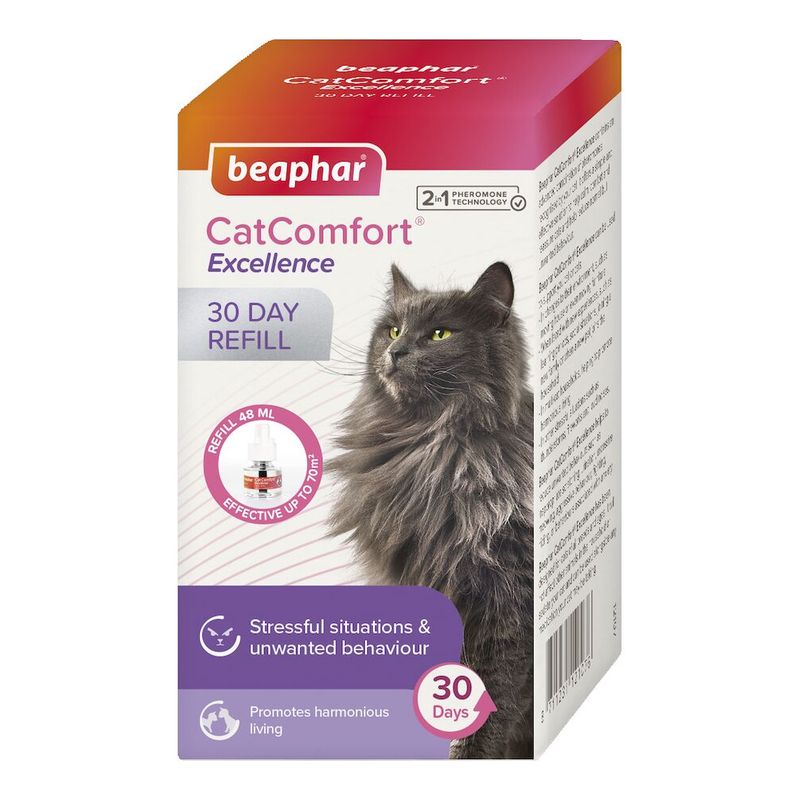 CatComfort Excellence 30 day refill, effective up to 70m², helps with stressful situations and unwanted behaviour, promotes harmonious living. Contains 48ml refill.