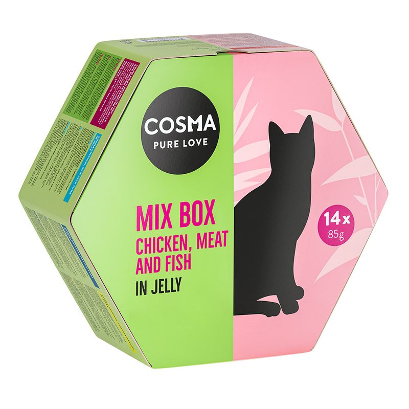 Cosma Pure Love Mix Box with chicken, meat and fish in jelly, 14 x 85g.