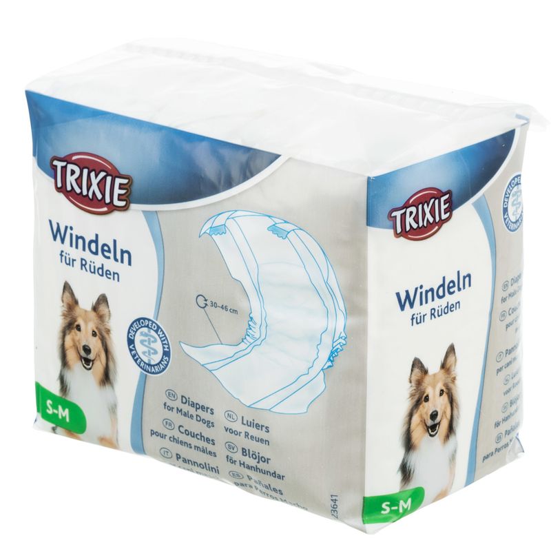 Trixie nappies for male dogs, size S-M, 30-46 cm. Packaging shows product image and dog picture. Developed with veterinarians.
