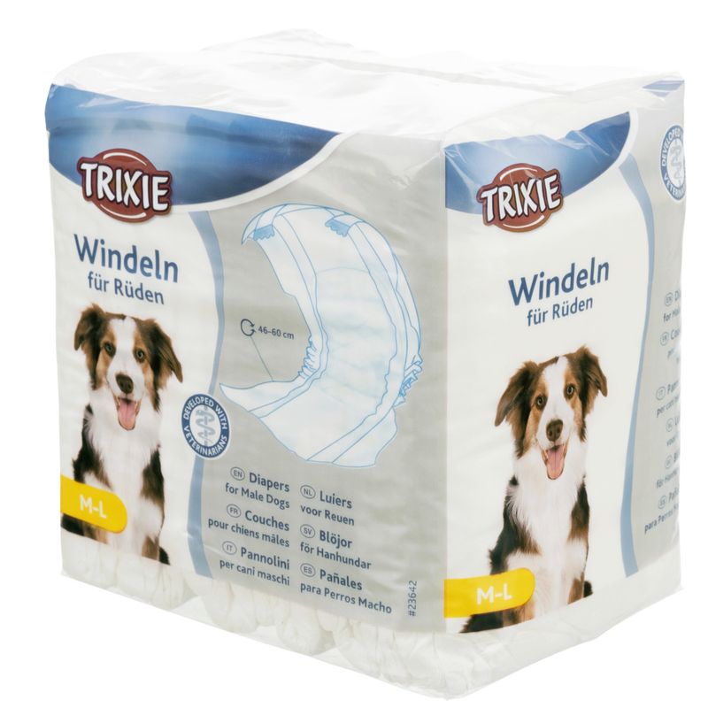 Trixie nappies for male dogs, size M-L, circumference 46-60 cm. Packaging shows product image and multilingual description.