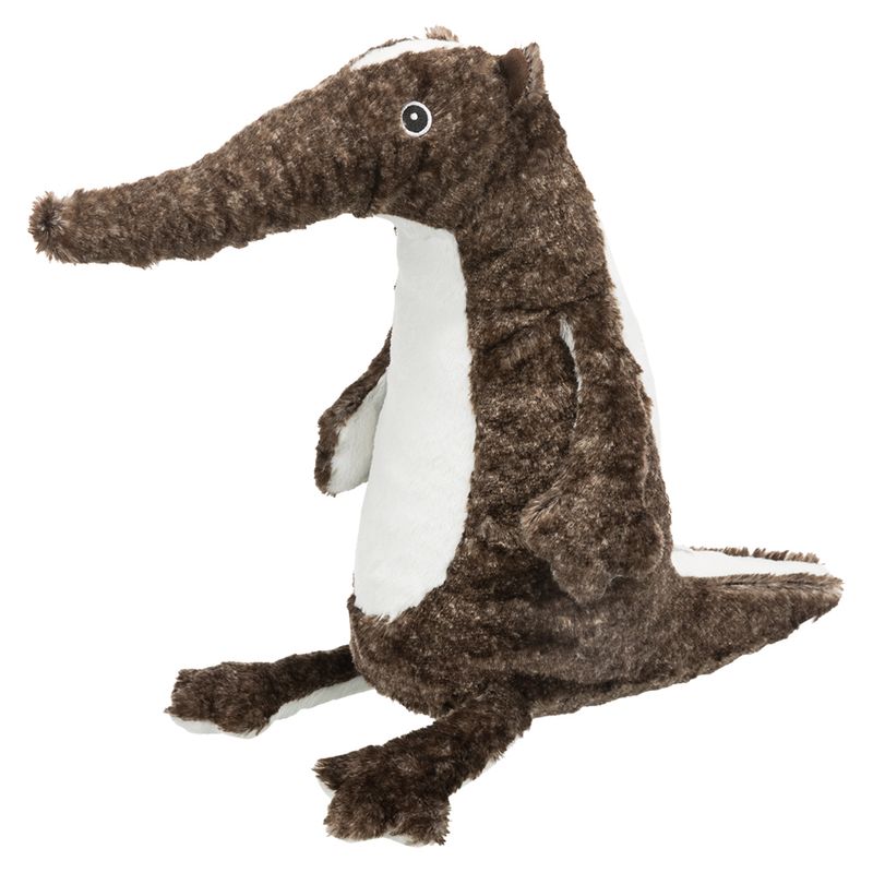 Brown plush toy shaped like an anteater with white accents and large eyes. Suitable as a toy or cuddly toy.
