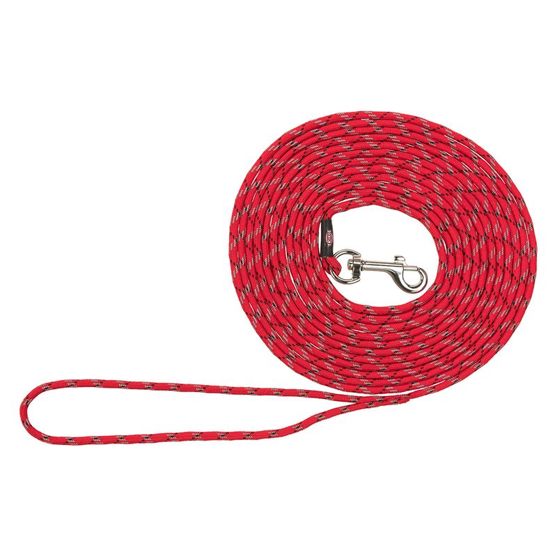 Red dog lead made of braided material with silver-coloured snap hook and hand loop, length visibly rolled up.
