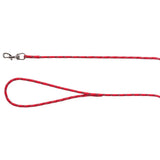 Red dog lead with loop and silver carabiner, made of braided material.
