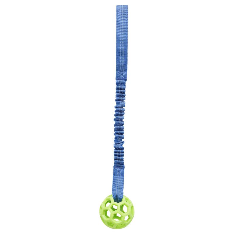 Toy with elastic blue strap and green plastic ball with honeycomb structure.