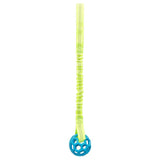 Toy with elastic yellow band and blue plastic ball with honeycomb structure.