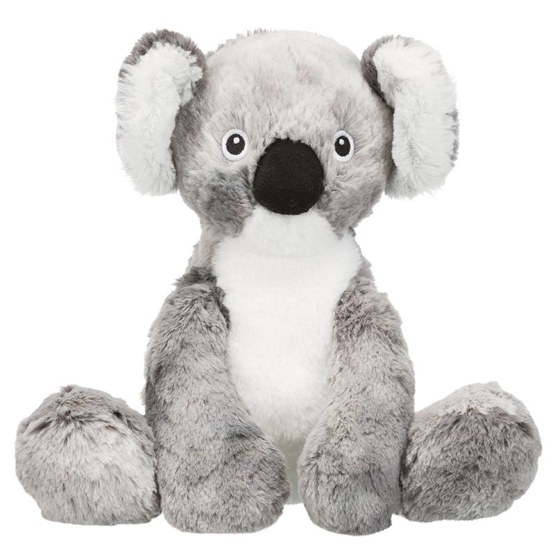 Grey plush koala toy with white accents and black eyes, suitable as cuddly toy or plaything.