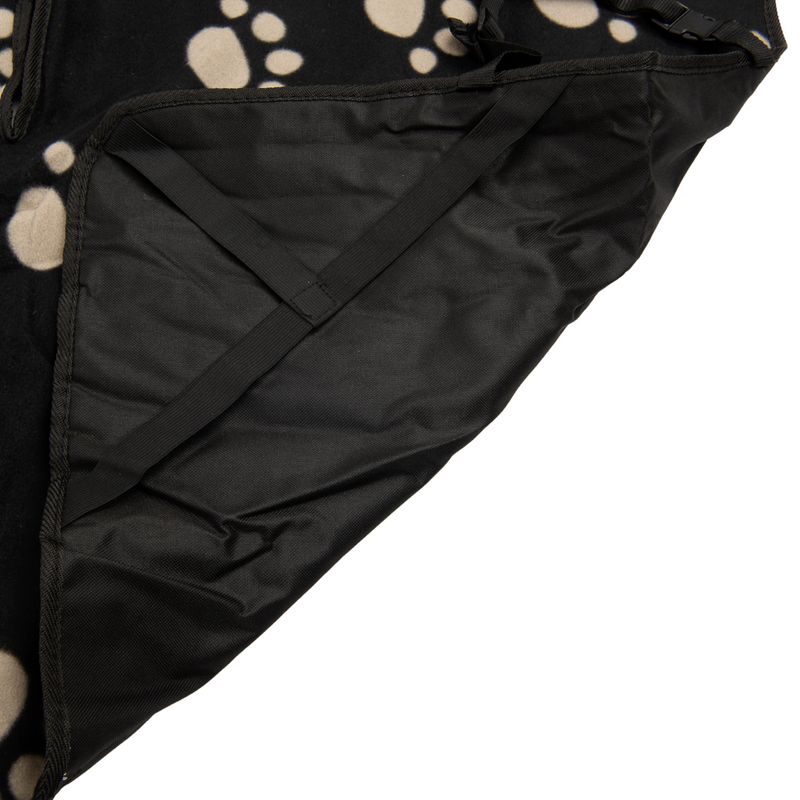 Black car seat cover with beige paw pattern, durable material and adjustable straps for secure fit.