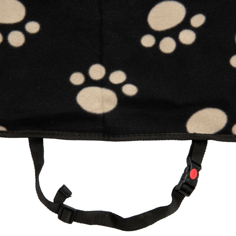 Black blanket with beige paw patterns and adjustable strap with red click fastener.
