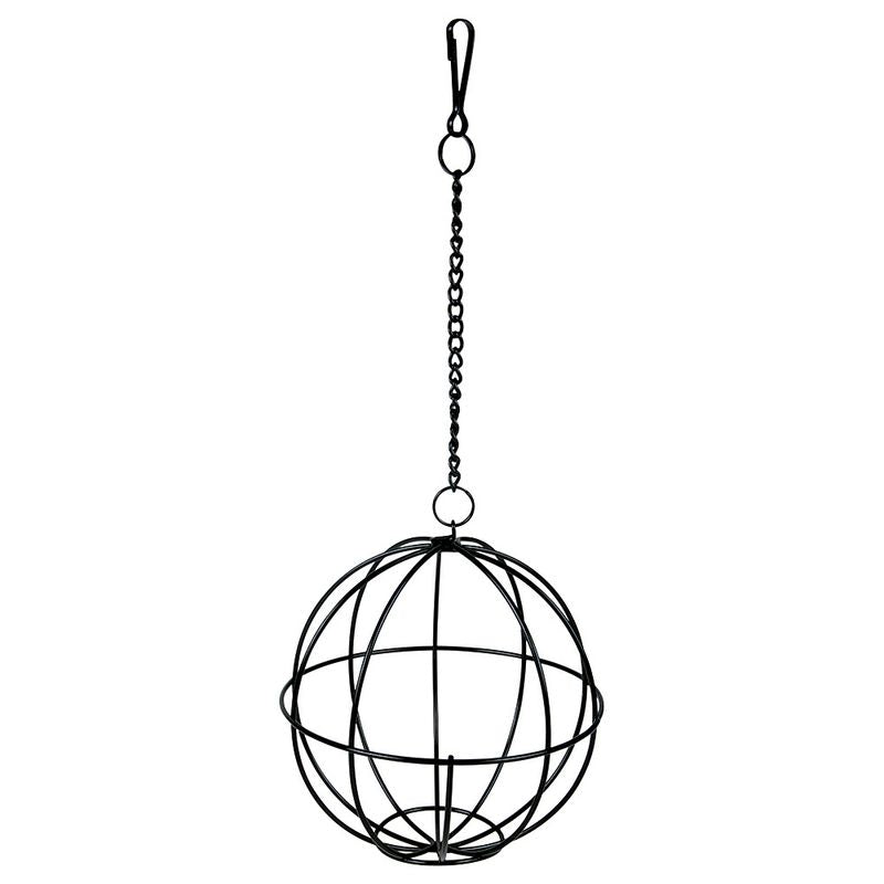 Black metal feeding ball with chain and carabiner for hanging, suitable for food or snacks.
