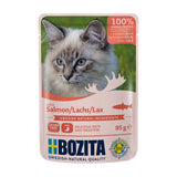 Bozita cat food with salmon in jelly, 85g. 100% animal protein, grain-free, Swedish natural ingredients, easily digestible. Made in Sweden.