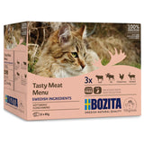 Bozita Tasty Meat Menu, Swedish ingredients, 12x85g. Varieties: beef, elk, chicken liver, reindeer. Grain-free, light, 100% animal protein. Naturally made in Vårgårda.
