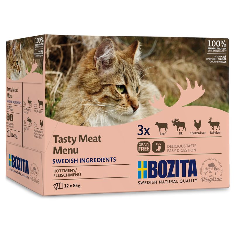 Bozita Tasty Meat Menu, Swedish ingredients, 12x85g. Varieties: beef, elk, chicken liver, reindeer. Grain-free, light, 100% animal protein. Naturally made in Vårgårda.
