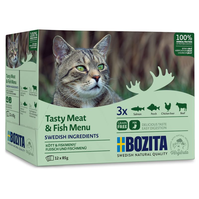 Bozita Tasty Meat & Fish Menu, Swedish ingredients, grain-free, 12x85g. Varieties: salmon, perch, chicken liver, beef. 100% animal protein, easy digestion.