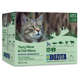 Bozita Tasty Meat & Fish Menu, Swedish ingredients, grain-free, 12x85g. Varieties: salmon, perch, chicken liver, beef. 100% animal protein, easy digestion.