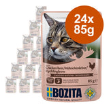 Bozita cat food with chicken liver, 24x85g. Grain-free recipe, Swedish natural ingredients, easily digestible. Made in Sweden. Packaging shows cat and product details.