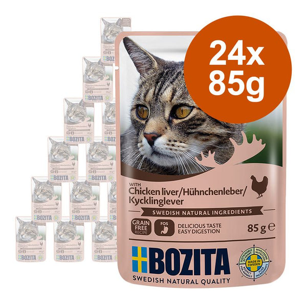 Bozita cat food with chicken liver, 24x85g. Grain-free recipe, Swedish natural ingredients, easily digestible. Made in Sweden. Packaging shows cat and product details.