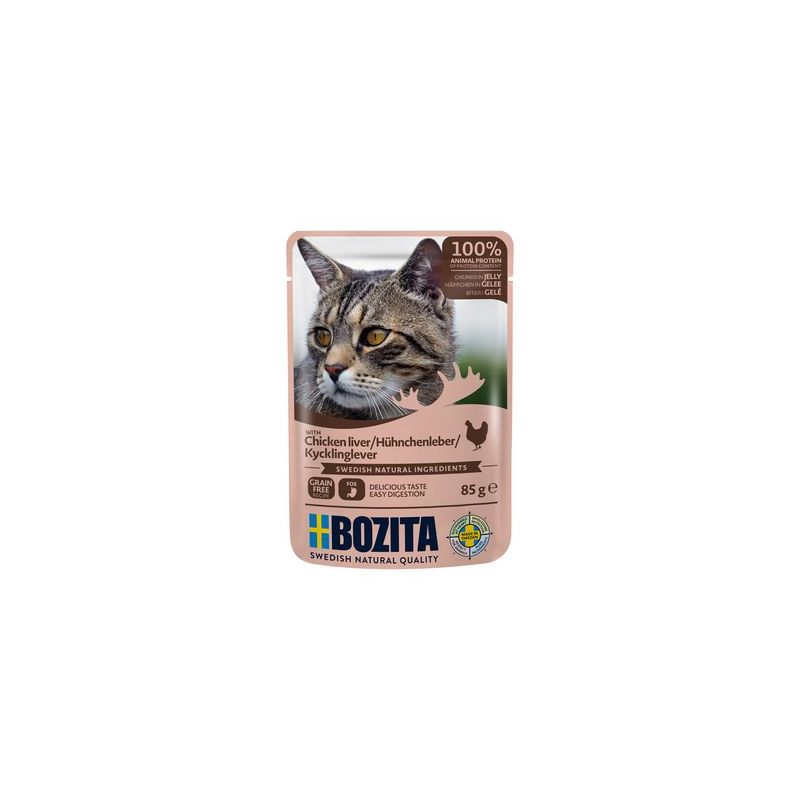 Bozita cat food with chicken liver in jelly, 100% animal protein, grain-free, Swedish natural ingredients, 85g. Made in Sweden.