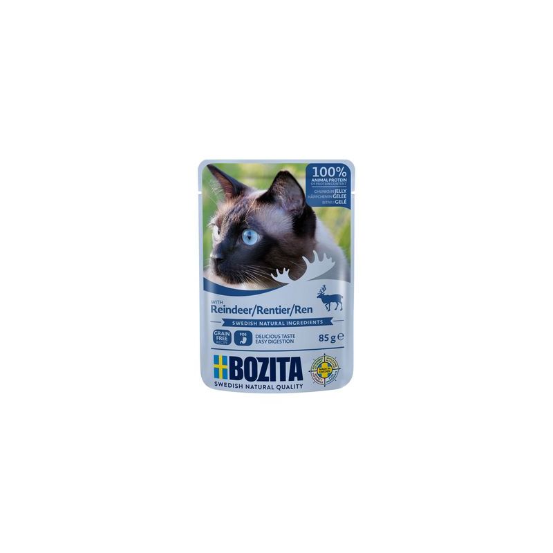 Bozita cat food with reindeer in jelly, 100% animal protein, grain-free, Swedish natural ingredients, 85g. Made in Sweden.