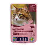 Bozita cat food with beef in jelly, 100% animal protein, grain-free, Swedish natural ingredients, easily digestible, 85g. Made in Sweden.