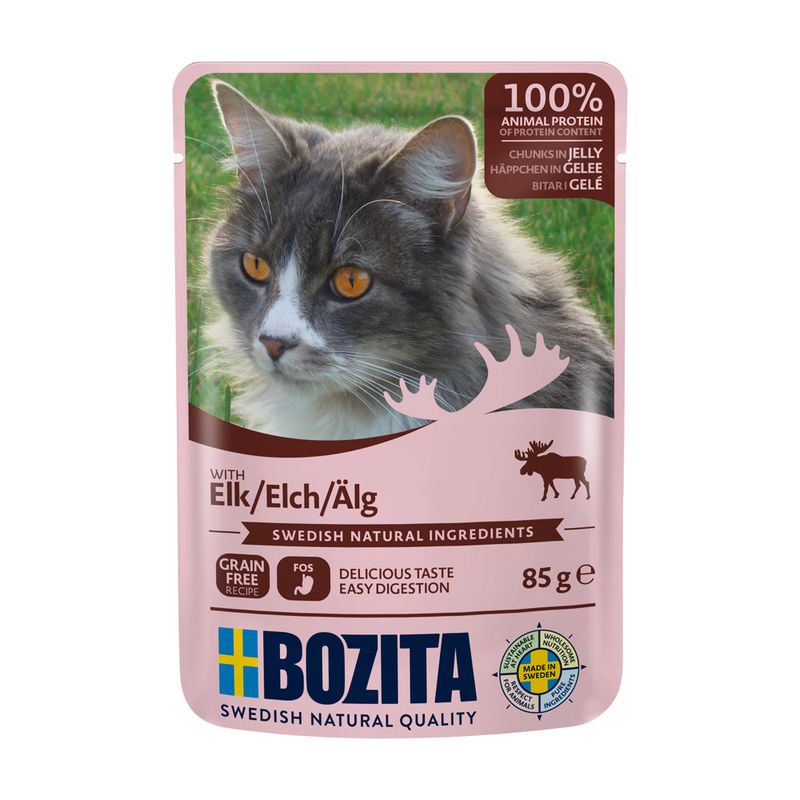 Bozita cat food with elk in jelly, 85g. 100% animal protein, grain-free, Swedish natural ingredients, easily digestible. Made in Sweden.