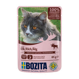 Bozita cat food with elk in jelly, 85g. 100% animal protein, grain-free, Swedish natural ingredients, easily digestible. Made in Sweden.