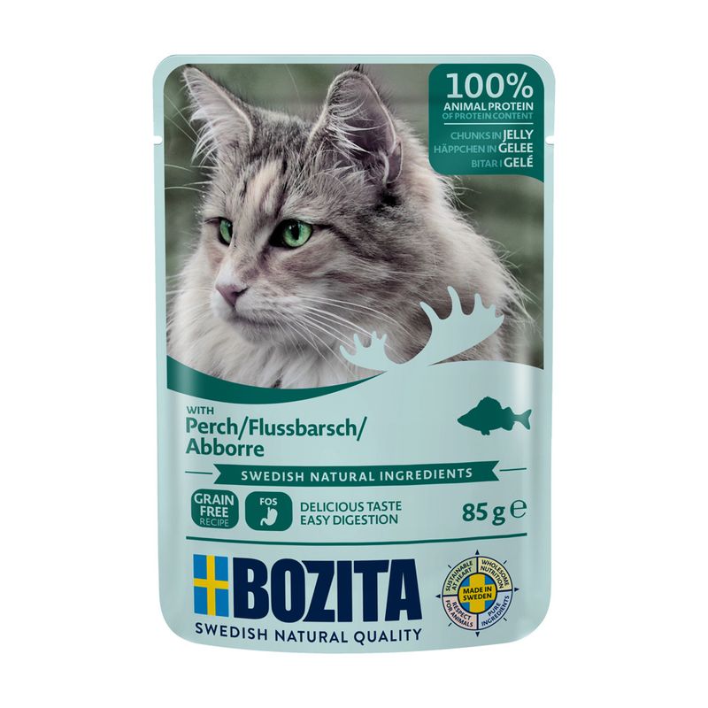 Bozita cat food with perch in jelly, 100% animal protein, grain-free, Swedish natural ingredients, easily digestible, 85g. Made in Sweden.