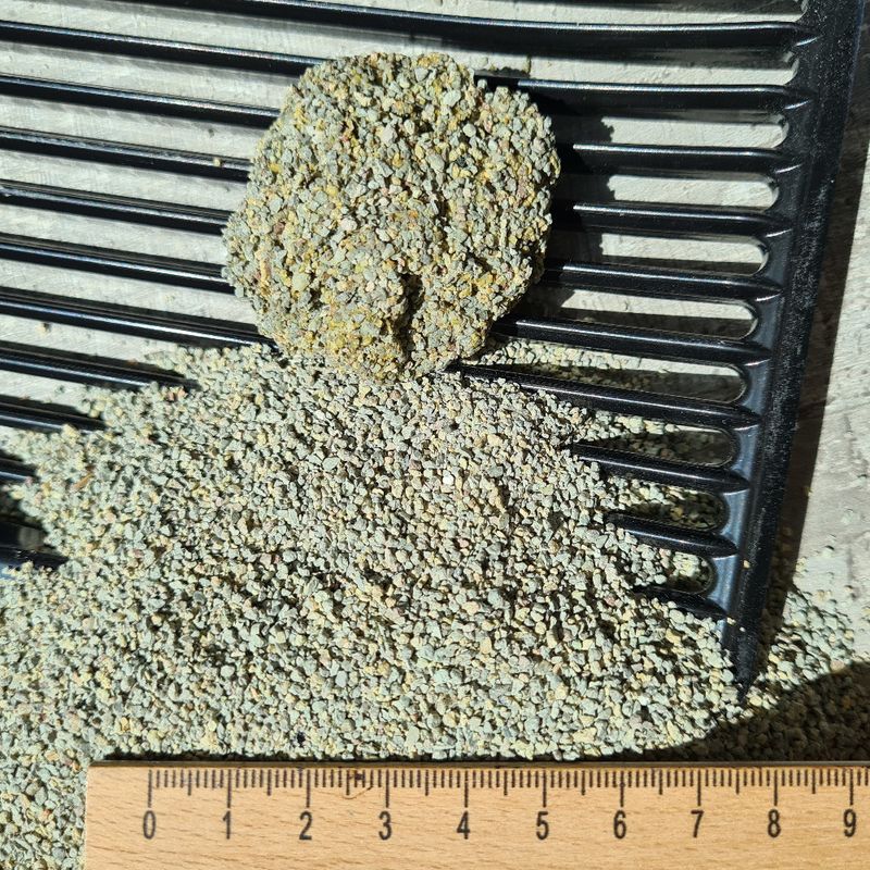 Clumping cat litter shown on a black scoop. Scale with centimetre markings for size illustration.