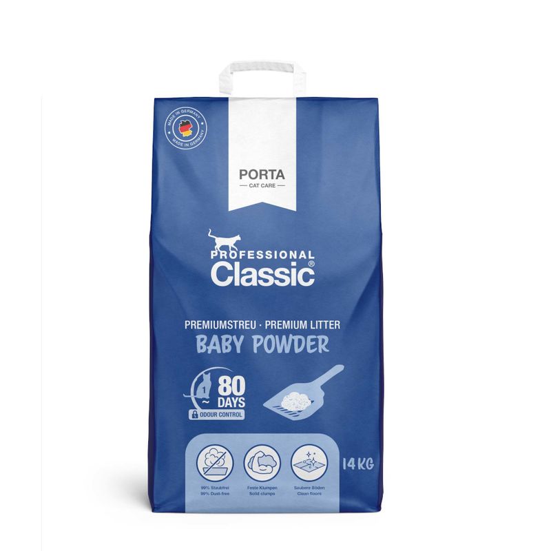 Porta Professional Classic Premium litter Baby Powder, 14kg. 80 days odour control, 99% dust-free, firm clumps, clean floor. Made in Germany.