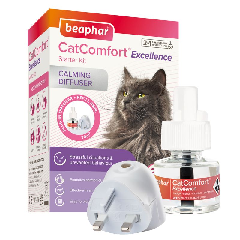 Calming diffuser starter kit with plug-in device and refill, shown to help with stressful situations and unwanted behaviour. Promotes harmony, effective in 70m² area, easy to use.
