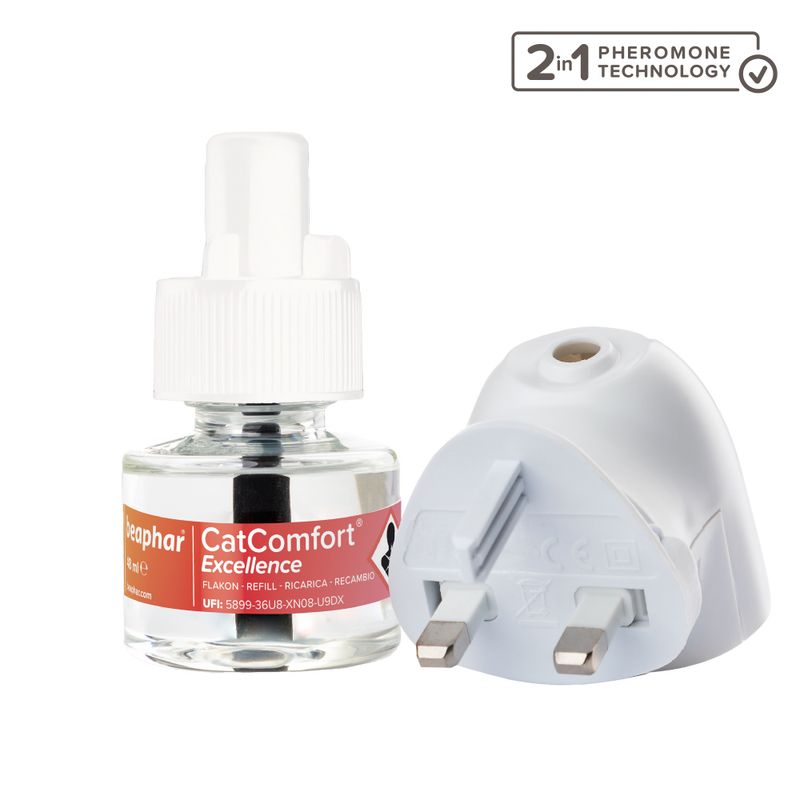 Pheromone diffuser kit with plug and refill bottle, featuring 2 in 1 pheromone technology as shown on the label and image text.