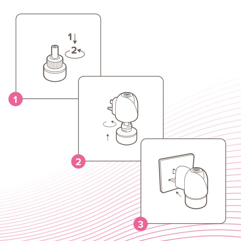 Step-by-step instructions showing how to assemble a plug-in device: remove cap, attach device to bottle, then insert into wall socket.