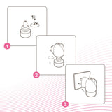Step-by-step instructions showing how to assemble a plug-in device: remove cap, attach device to bottle, then insert into wall socket.