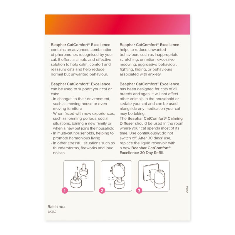 Instructions and information for Beaphar CatComfort Excellence diffuser, including usage guidance, benefits for cats, and step-by-step setup illustrations for the calming product.