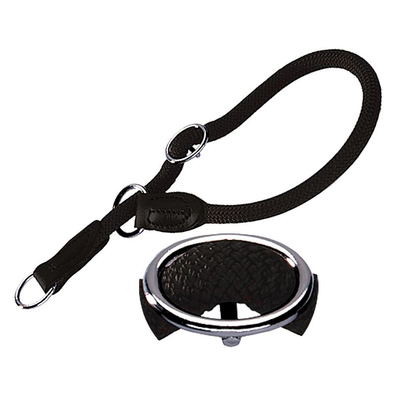 Black dog collar made of braided material with chrome-plated metal rings and buckle. Close-up of robust workmanship.
