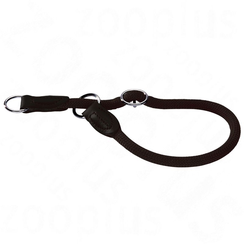 Adjustable dark rope slip collar with metal rings and leather reinforcements, shown laid flat to display design and fastening method.