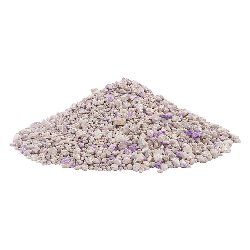 Pile of cat litter with white and violet granules, suitable for use in cat toilets.