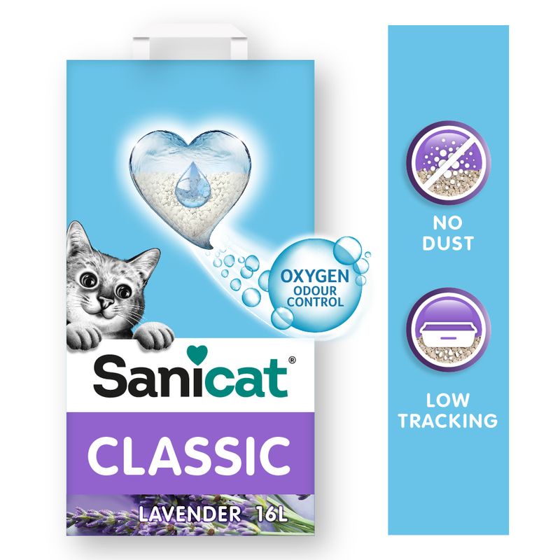 Sanicat Classic Lavender cat litter, 16L. Features: Oxygen Odour Control, no dust, low tracking.