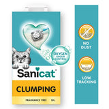 Sanicat clumping cat litter, 10L, unscented. Features: Oxygen Odour Control, no dust, low tracking.
