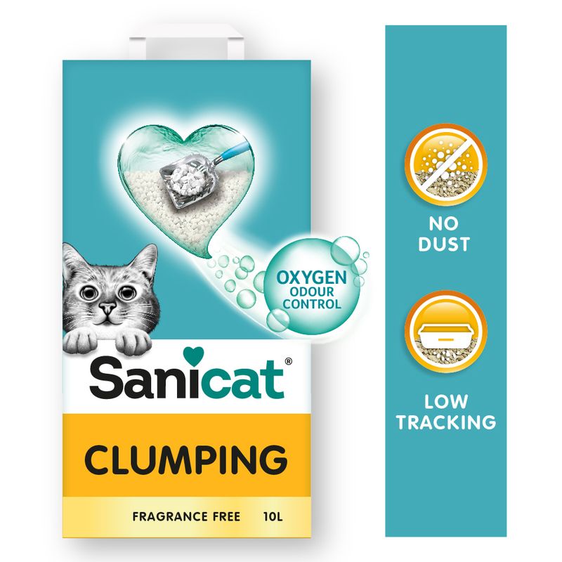 Sanicat clumping cat litter, 10L, unscented. Features: Oxygen Odour Control, no dust, low tracking.