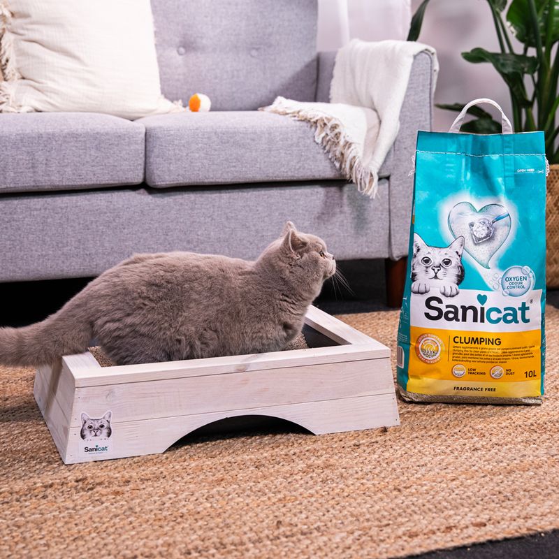 Sanicat Clumping cat litter, 10L, with Oxygen Control. Cat in wooden litter tray next to product packaging. Low dust, fragrance-free.