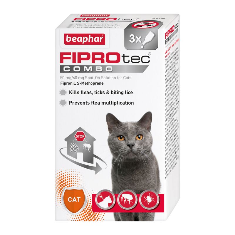 FIPROtec Combo spot-on solution for cats, kills fleas, ticks and biting lice, prevents flea multiplication, contains three pipettes, active ingredients fipronil and S-methoprene.