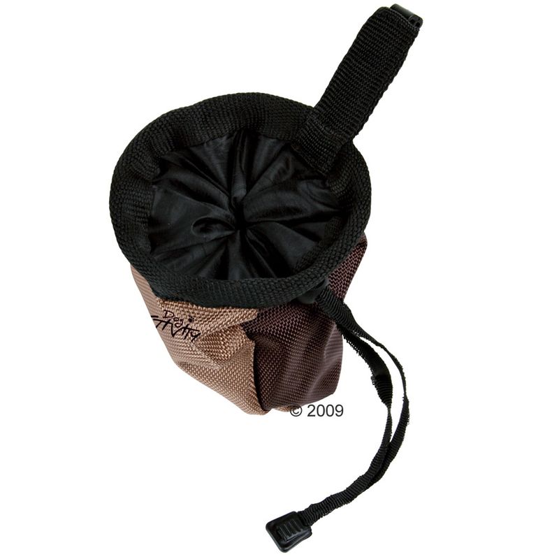 Brown treat pouch with black drawstring closure and attachment loop, suitable for storing dog snacks.