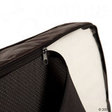 Close-up of a black zip on a padded case with a perforated surface and white interior.