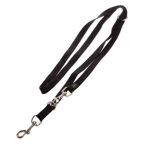 Black dog lead made of nylon with metal snap hook and adjustable length.
