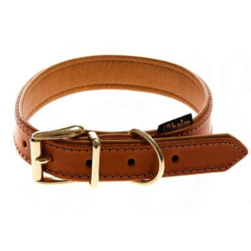 Adjustable brown leather collar with metal buckle and D-ring, shown coiled to display fastening holes and stitching detail.