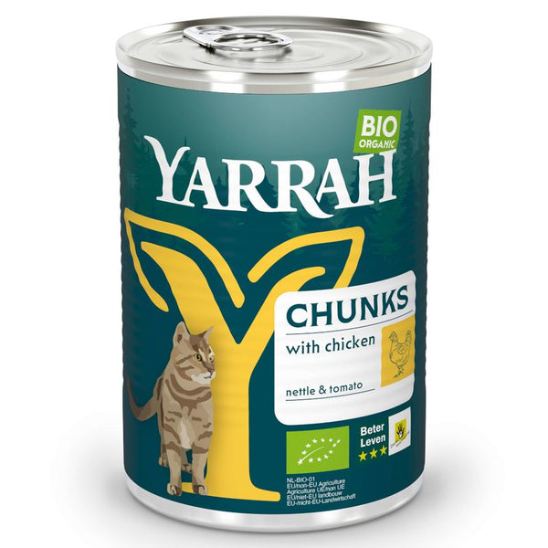 Yarrah Bio Organic Chunks with chicken, nettle and tomato. EU organic certificate NL-BIO-01, Beter Leven 3 stars.