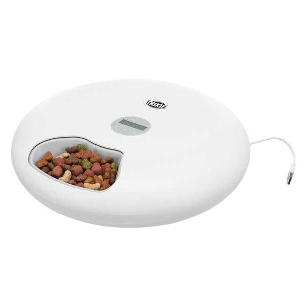 Trixie automatic feeder with digital display, white, USB port, filled with dry food.