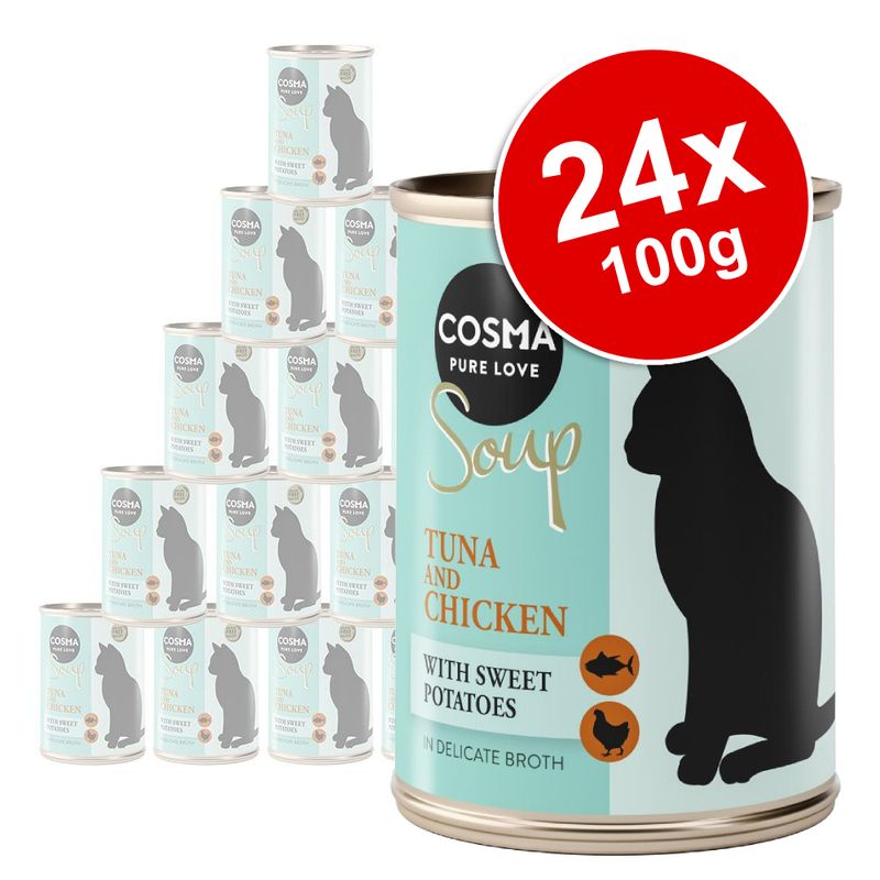 Cosma Pure Love Soup Tuna and Chicken with Sweet Potatoes in Delicate Broth, 24 x 100g tins, visible cat silhouette on packaging