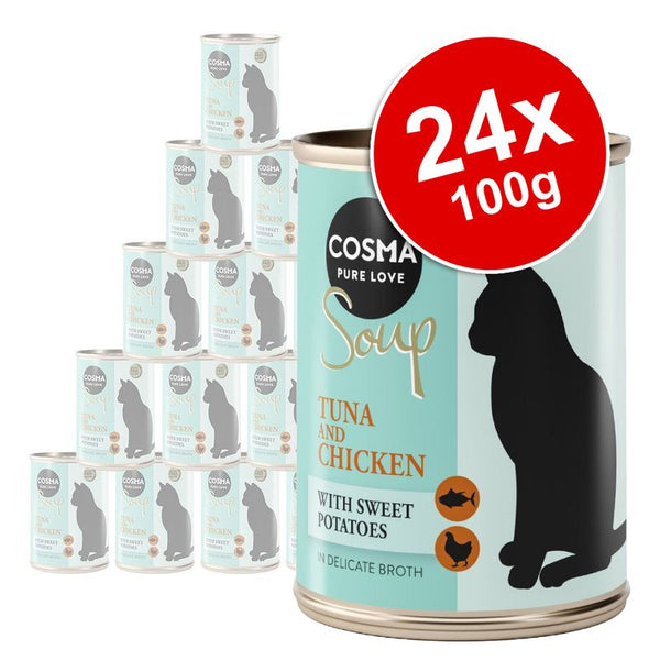 Cosma Pure Love Soup Tuna and Chicken with Sweet Potatoes in Delicate Broth, 24 x 100g tins, visible cat silhouette on packaging