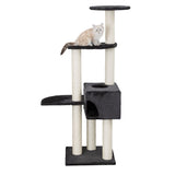 Cat tree with multiple levels, sisal posts and a cave. A beige cat is sitting on the middle platform.